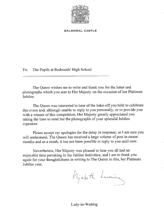 A letter from Balmoral for Redmaids' High Juniors